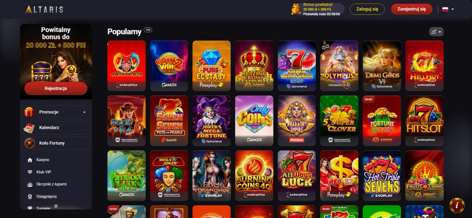 Katalog automatów do gry i slotów w kasynie internetowym Altaris Casino