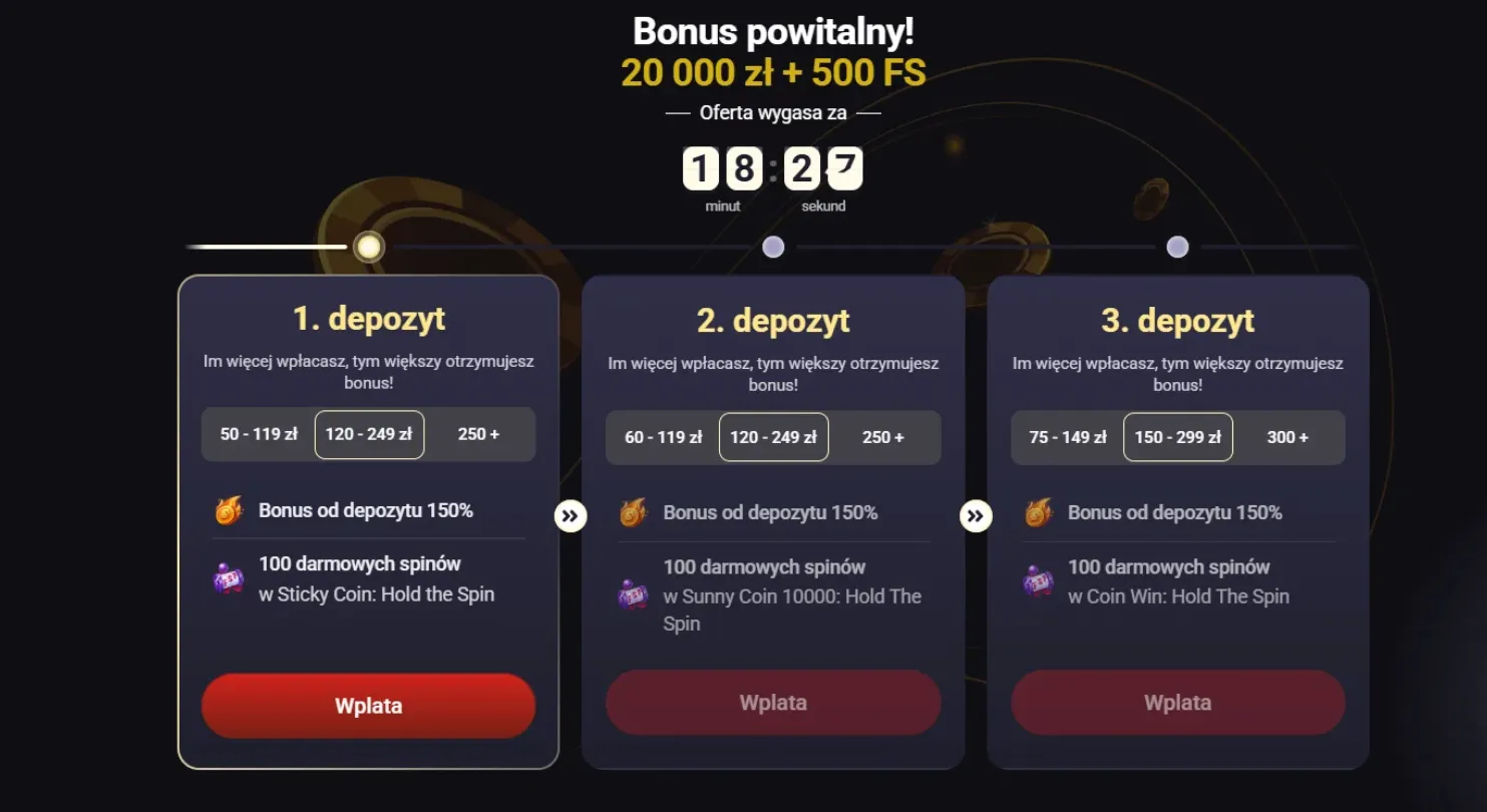 Widok etapów pakietu powitalnego i zegara promocyjnego w Altaris Casino